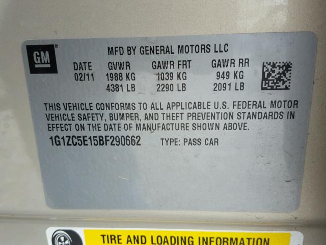 1G1ZC5E15BF290662 - 2011 CHEVROLET MALIBU 1LT 米色 照片 10