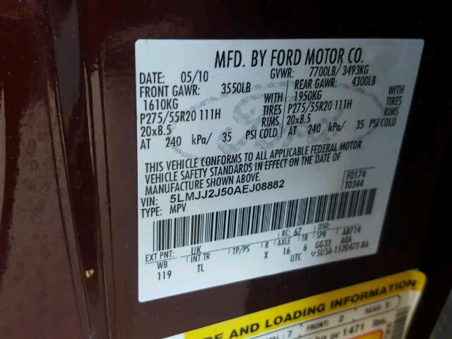 5LMJJ2J50AEJ08882 - 2010 LINCOLN NAVIGATOR მუქწითელი ფოტო 10