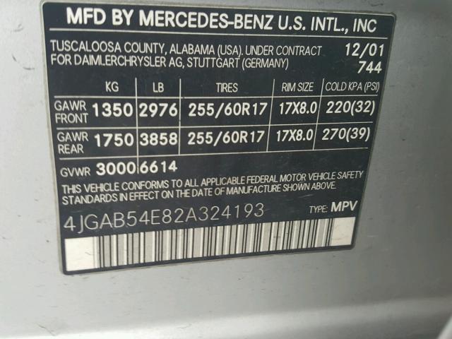 4JGAB54E82A324193 - 2002 MERCEDES-BENZ ML 320 SILVER photo 10