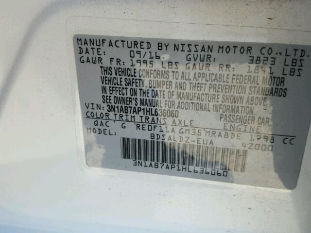 3N1AB7AP1HL636060 - 2017 NISSAN SENTRA S WHITE photo 10