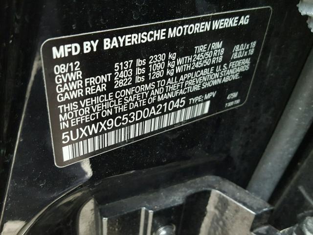5UXWX9C53D0A21045 - 2013 BMW X3 XDRIVE2 Czarny zdjęcie 10