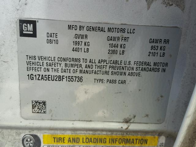 1G1ZA5EU2BF155736 - 2011 CHEVROLET MALIBU LS 银色 照片 10