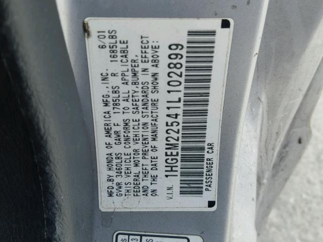 1HGEM22541L102899 - 2001 HONDA CIVIC LX SILVER photo 10