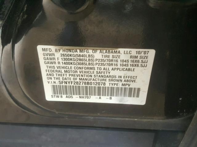 5FNYF28278B012078 - 2008 HONDA PILOT VP BLACK photo 10