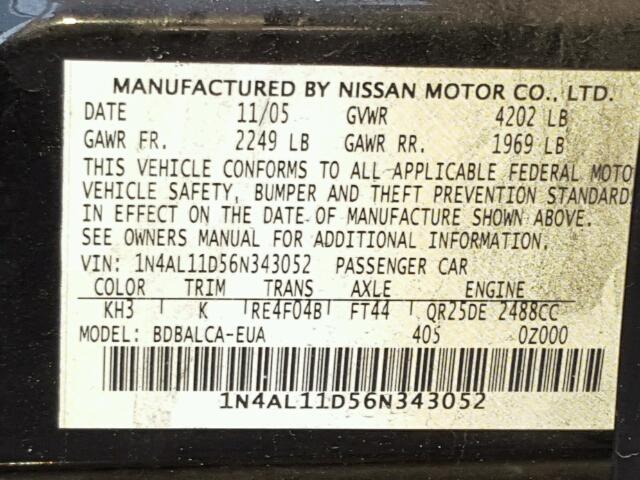 1N4AL11D56N343052 - 2006 NISSAN ALTIMA S BLACK photo 10