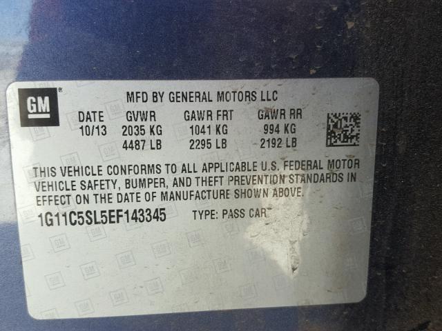 1G11C5SL5EF143345 - 2014 CHEVROLET MALIBU 1LT 蓝色 照片 10