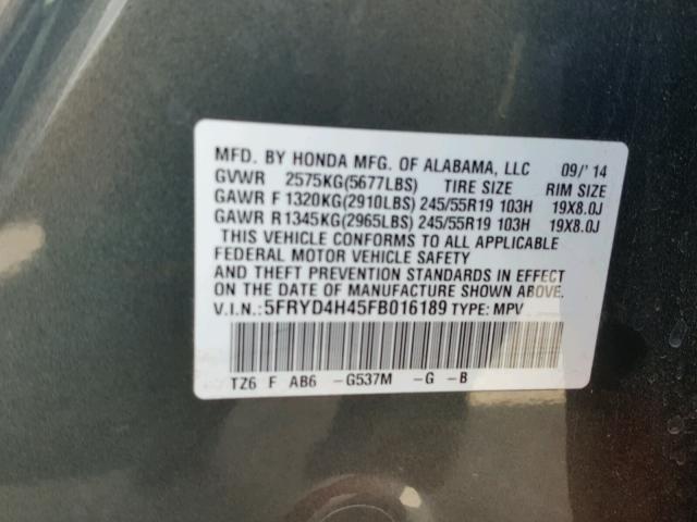 5FRYD4H45FB016189 - 2015 ACURA MDX TECHNO GRAY photo 10