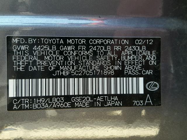 JTHBF5C27C5171898 - 2012 LEXUS IS 250 CHARCOAL photo 10