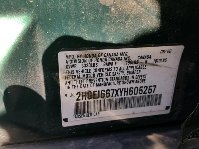 2HGEJ667XYH605257 - 2000 HONDA CIVIC LX GREEN photo 10