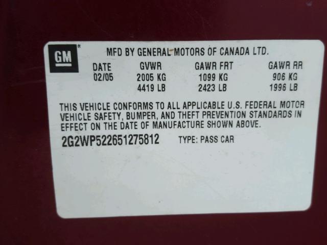 2G2WP522651275812 - 2005 PONTIAC GRAND PRIX Tünd qırmızı foto 10