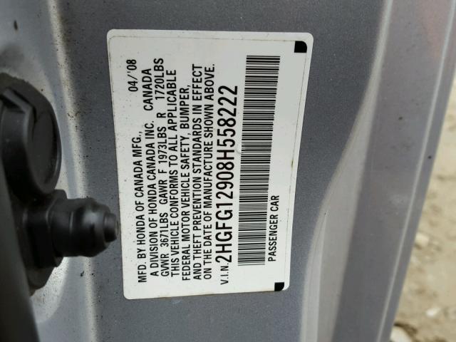 2HGFG12908H558222 - 2008 HONDA CIVIC EXL 银色 照片 10
