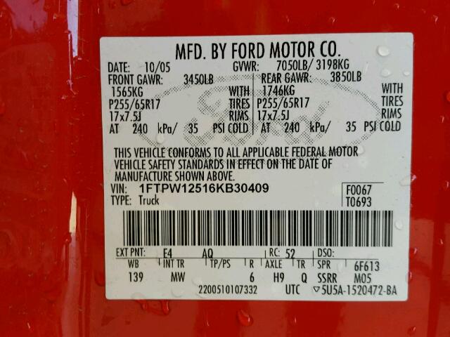 1FTPW12516KB30409 - 2006 FORD F150 SUPER RED photo 10