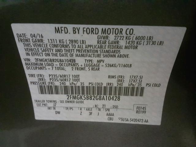 2FMGK5B82GBA10428 - 2016 FORD FLEX SE GRAY photo 10