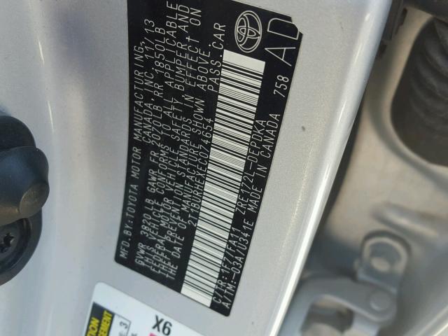 2T1BURHEXEC074654 - 2014 TOYOTA COROLLA L SILVER photo 10