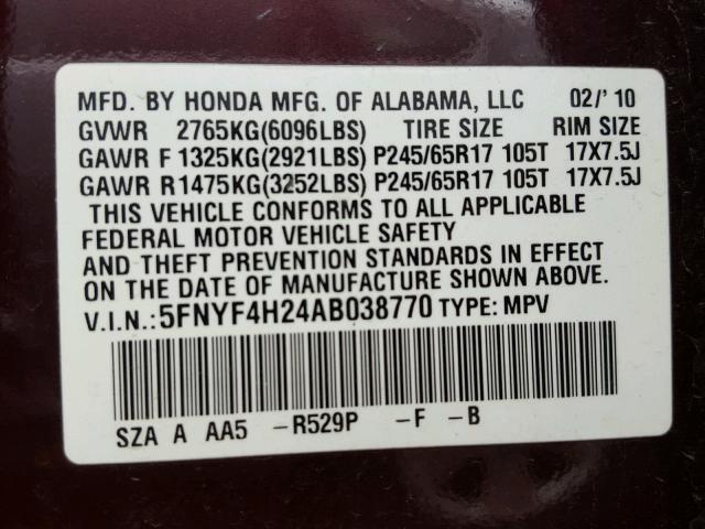 5FNYF4H24AB038770 - 2010 HONDA PILOT LX BURGUNDY photo 10