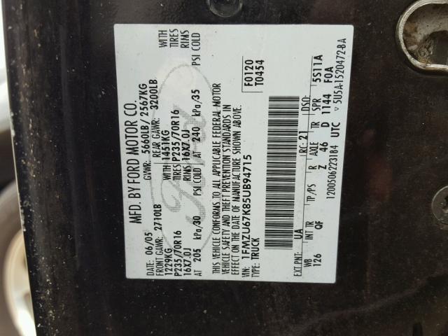 1FMZU67K85UB94715 - 2005 FORD EXPLORER S BLACK photo 10