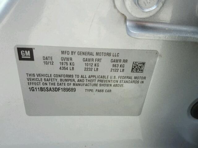 1G11B5SA3DF189689 - 2013 CHEVROLET MALIBU LS 银色 照片 10