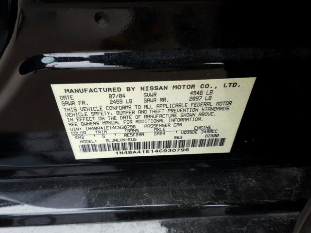 1N4BA41E14C930796 - 2004 NISSAN MAXIMA SE BLACK photo 10