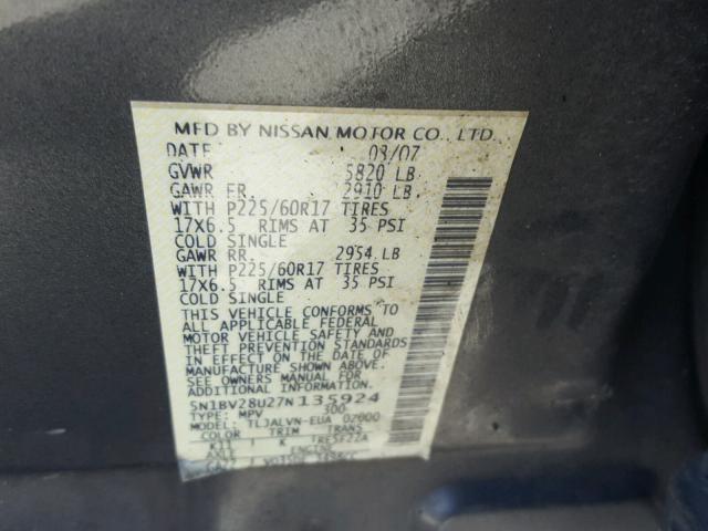 5N1BV28U27N135924 - 2007 NISSAN QUEST S GRAY photo 10