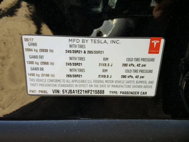 5YJSA1E21HF215888 - 2017 TESLA MODEL S BLACK photo 10