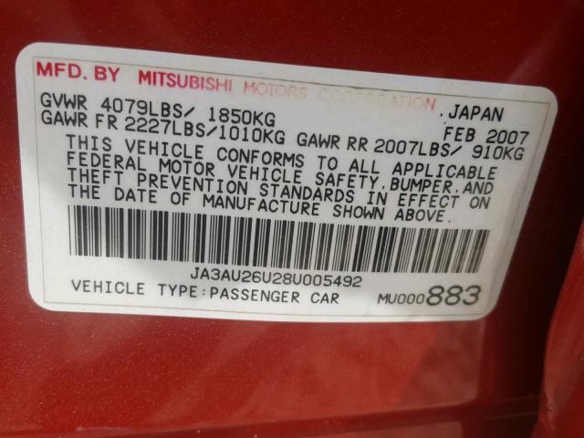 JA3AU26U28U005492 - 2008 MITSUBISHI LANCER ES RED photo 10