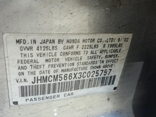 JHMCM566X3C025757 - 2003 HONDA ACCORD EX SILVER photo 10