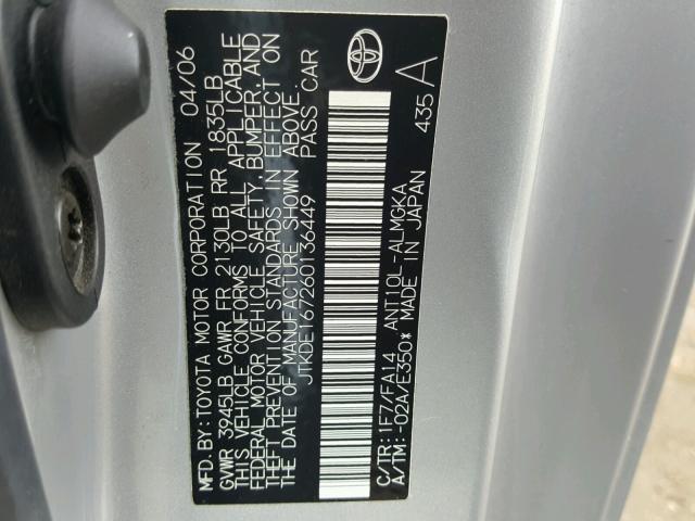 JTKDE167260136449 - 2006 TOYOTA SCION TC 银色 照片 10