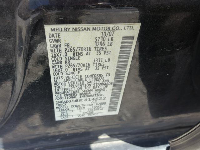 1N6AD07U88C414622 - 2008 NISSAN FRONTIER C BLACK photo 10