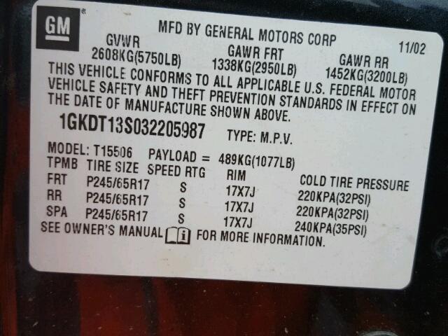 1GKDT13S032205987 - 2003 GMC ENVOY BLACK photo 10