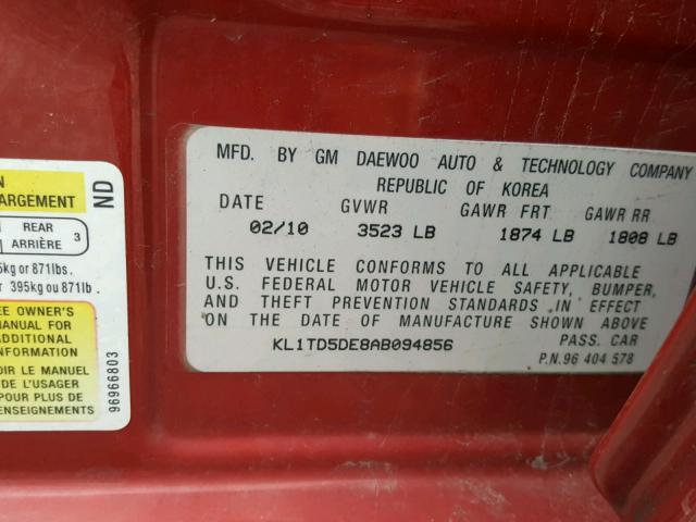 KL1TD5DE8AB094856 - 2010 CHEVROLET AVEO LS RED photo 10