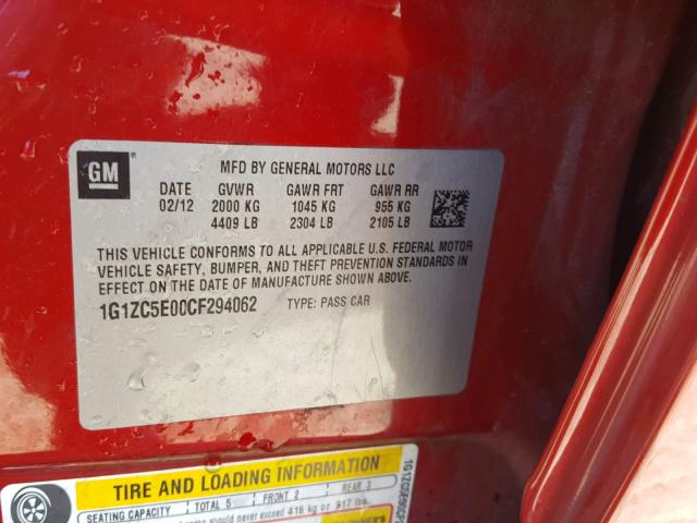 1G1ZC5E00CF294062 - 2012 CHEVROLET MALIBU 1LT 红色 照片 10