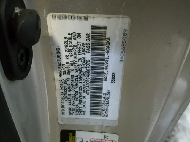 4T1CA30P74U007076 - 2004 TOYOTA CAMRY SOLA SILVER photo 10