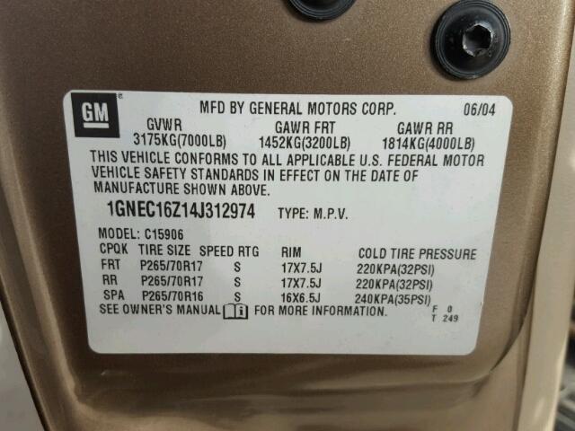 1GNEC16Z14J312974 - 2004 CHEVROLET SUBURBAN C TAN photo 10