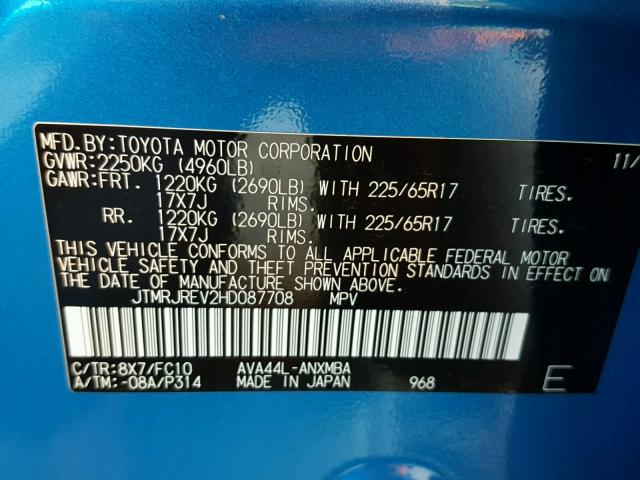 JTMRJREV2HD087708 - 2017 TOYOTA RAV4 HV LE BLUE photo 10