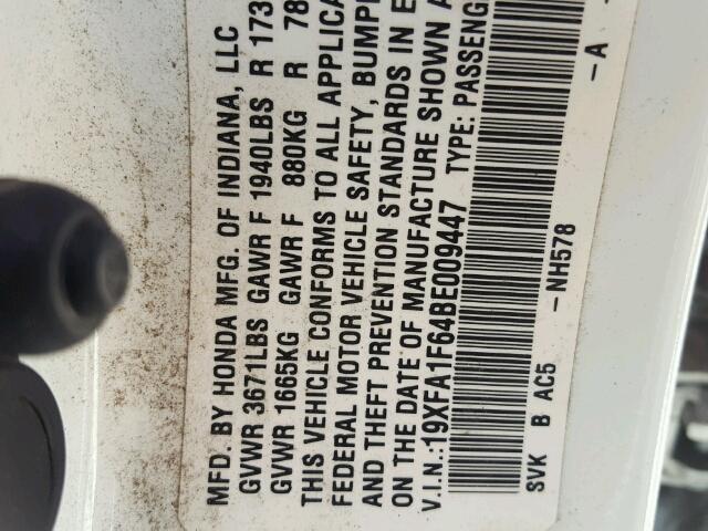 19XFA1F64BE009447 - 2011 HONDA CIVIC LX-S Ağ foto 10