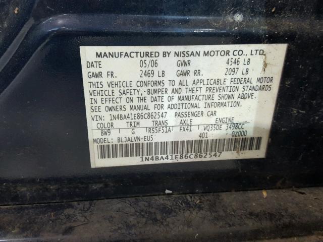 1N4BA41E86C862547 - 2006 NISSAN MAXIMA SE BLUE photo 10