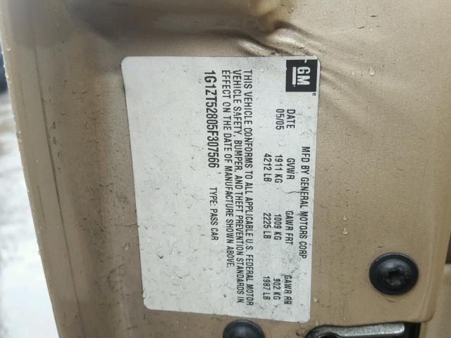 1G1ZT52805F307566 - 2005 CHEVROLET MALIBU LS თაფლისფერი ფოტო 10