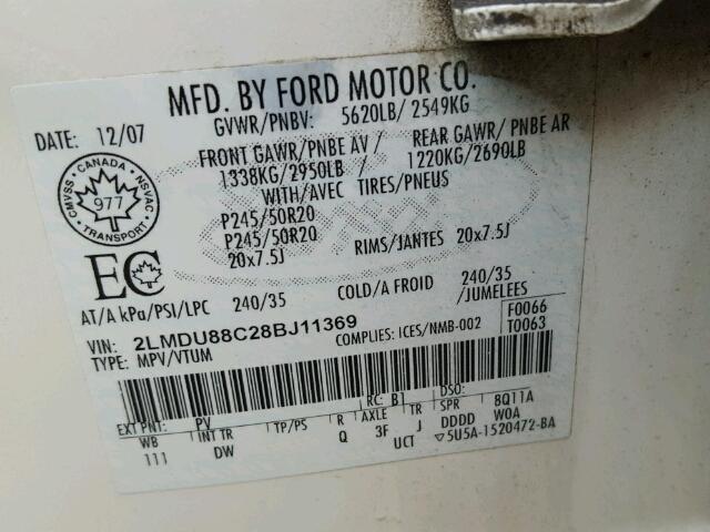 2LMDU88C28BJ11369 - 2008 LINCOLN MKX WHITE photo 10
