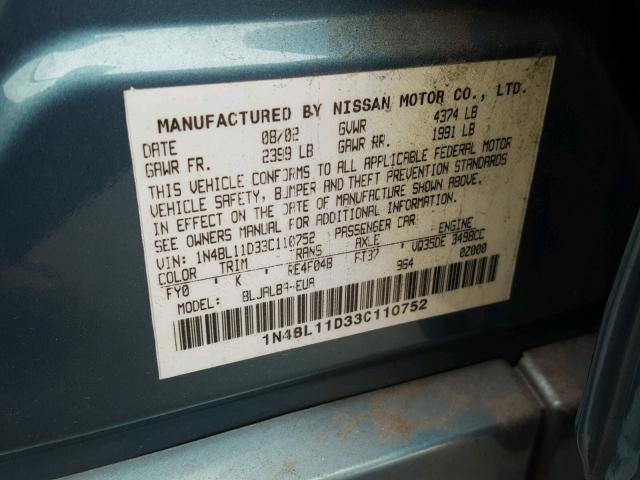 1N4BL11D33C110752 - 2003 NISSAN ALTIMA SE BLUE photo 10