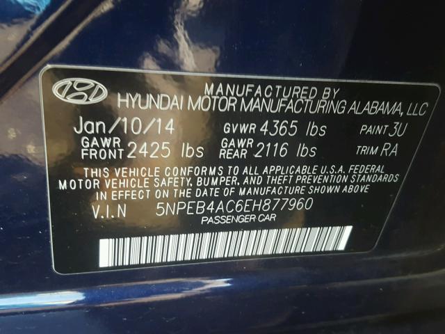 5NPEB4AC6EH877960 - 2014 HYUNDAI SONATA GLS BLUE photo 10