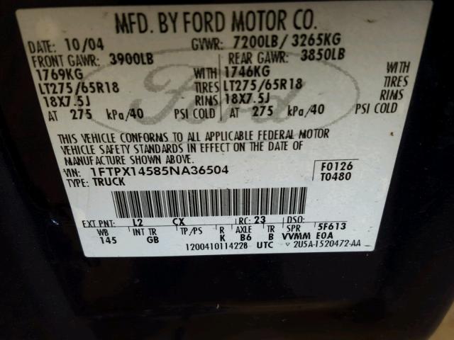 1FTPX14585NA36504 - 2005 FORD F150 BLUE photo 10