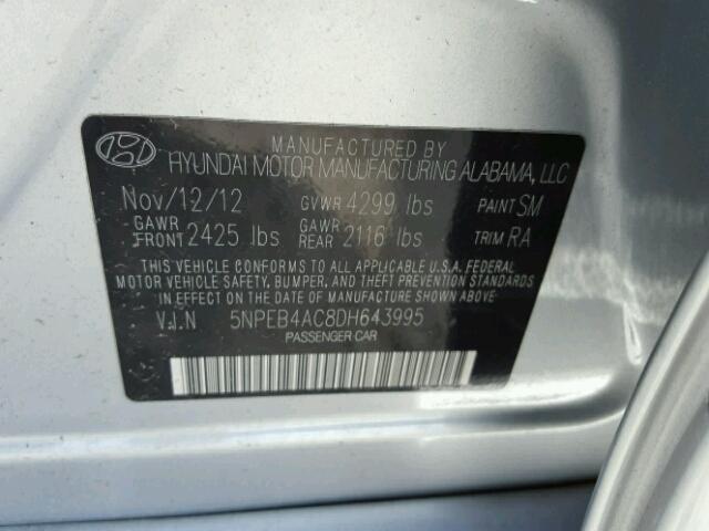 5NPEB4AC8DH643995 - 2013 HYUNDAI SONATA GLS SILVER photo 10