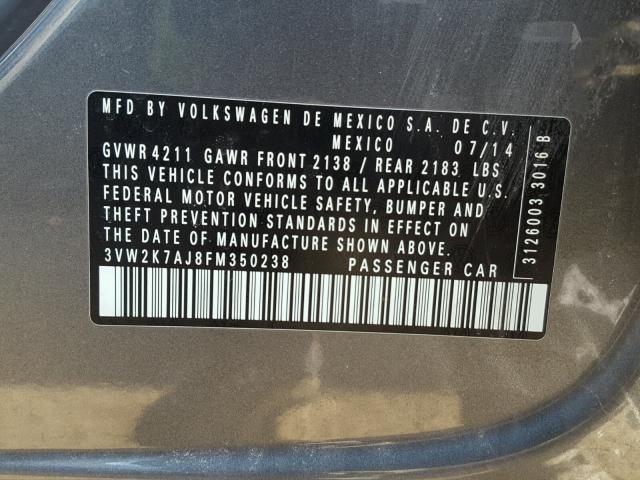 3VW2K7AJ8FM350238 - 2015 VOLKSWAGEN JETTA BASE 灰色 照片 10