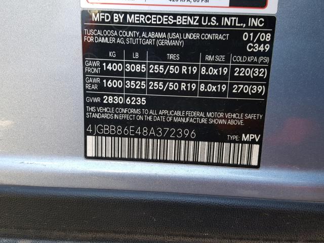 4JGBB86E48A372396 - 2008 MERCEDES-BENZ ML 350 BLUE photo 10