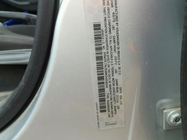3VW2K7AJ5BM305834 - 2011 VOLKSWAGEN JETTA BASE 银色 照片 10