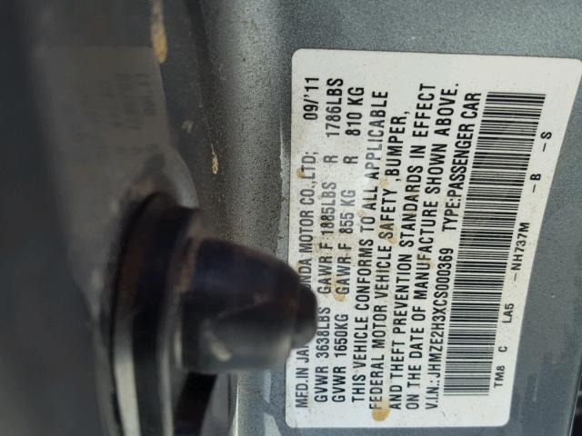 JHMZE2H3XCS000369 - 2012 HONDA INSIGHT GRAY photo 10