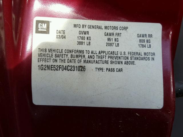 1G2NE52F04C231026 - 2004 PONTIAC GRAND AM S MAROON photo 10