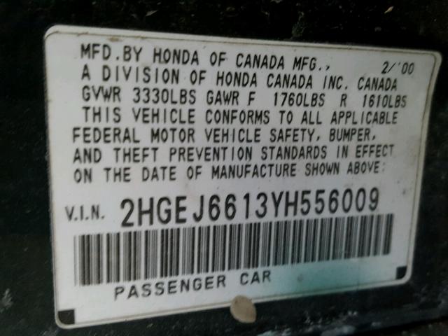 2HGEJ6613YH556009 - 2000 HONDA CIVIC BASE GREEN photo 10