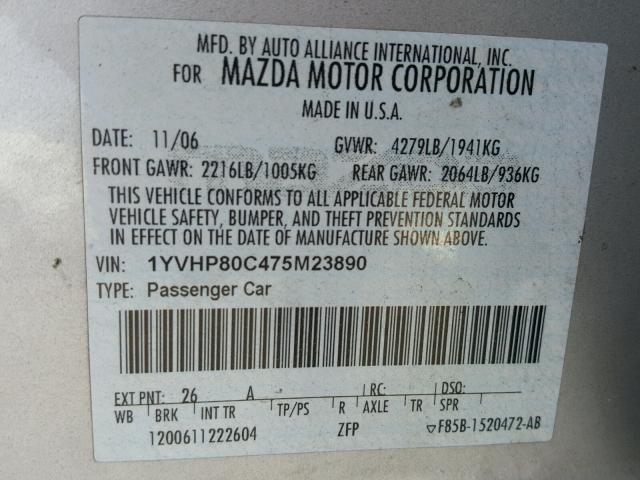 1YVHP80C475M23890 - 2007 MAZDA 6 I SILVER photo 10