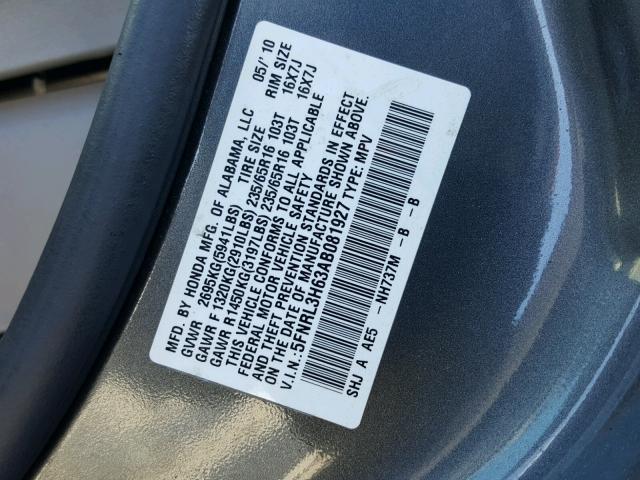 5FNRL3H63AB081927 - 2010 HONDA ODYSSEY EX GRAY photo 10